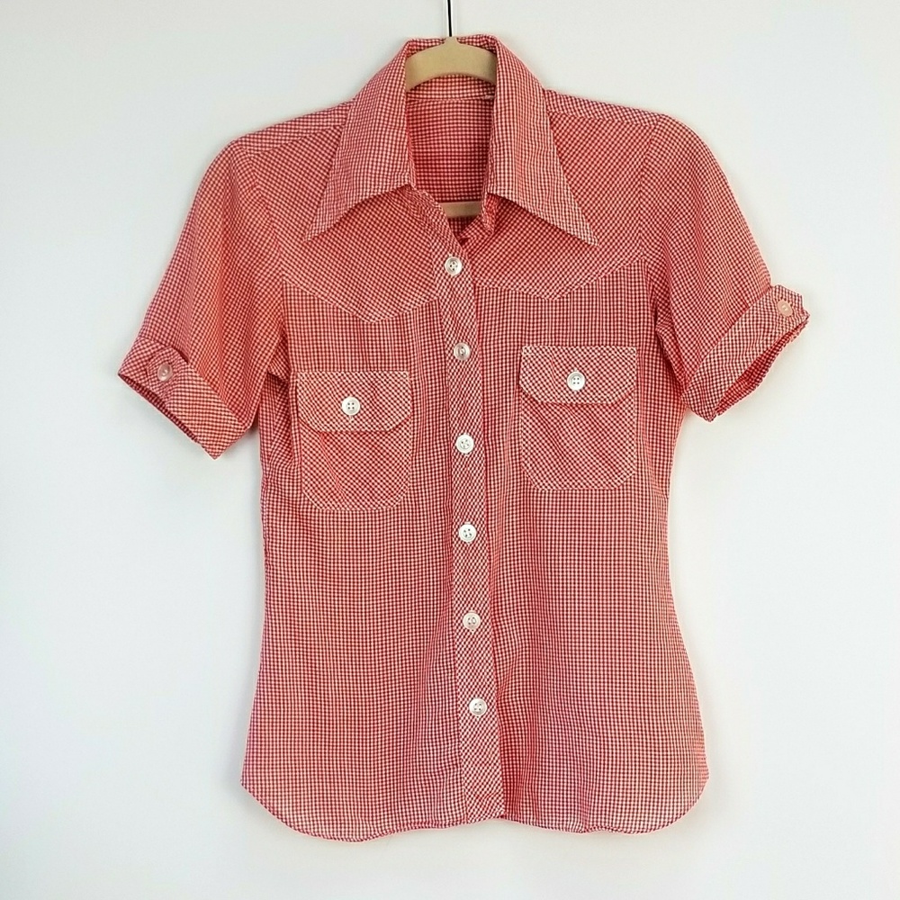 Vintage 1970s Red Gingham Western Shirt S